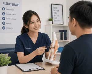 Gambar seorang fisioterapis profesional sedang berdiskusi hangat dengan pasien - Fisiohome