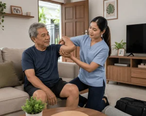 Seorang fisioterapis sedang memberikan terapi kepada pasien lansia (kakek) dengan penuh perhatian untuk membantu proses pemulihan dan meningkatkan kualitas gerak tubuh - Fisiohome