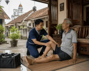 Gambar profesional fisioterapis Fisiohome memberikan terapi rehabilitasi kepada pasien di rumah di Kota Semarang.- Fisiohome