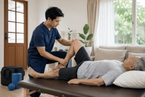 Seorang fisioterapis sedang memberikan terapi kepada pasien di rumah dengan pendekatan yang profesional dan penuh perhatian - Fisiohome