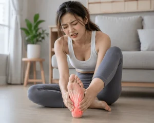 Seorang wanita mengalami nyeri pada telapak kaki dan memegang area yang terkena Plantar Fasciitis – Fisiohome