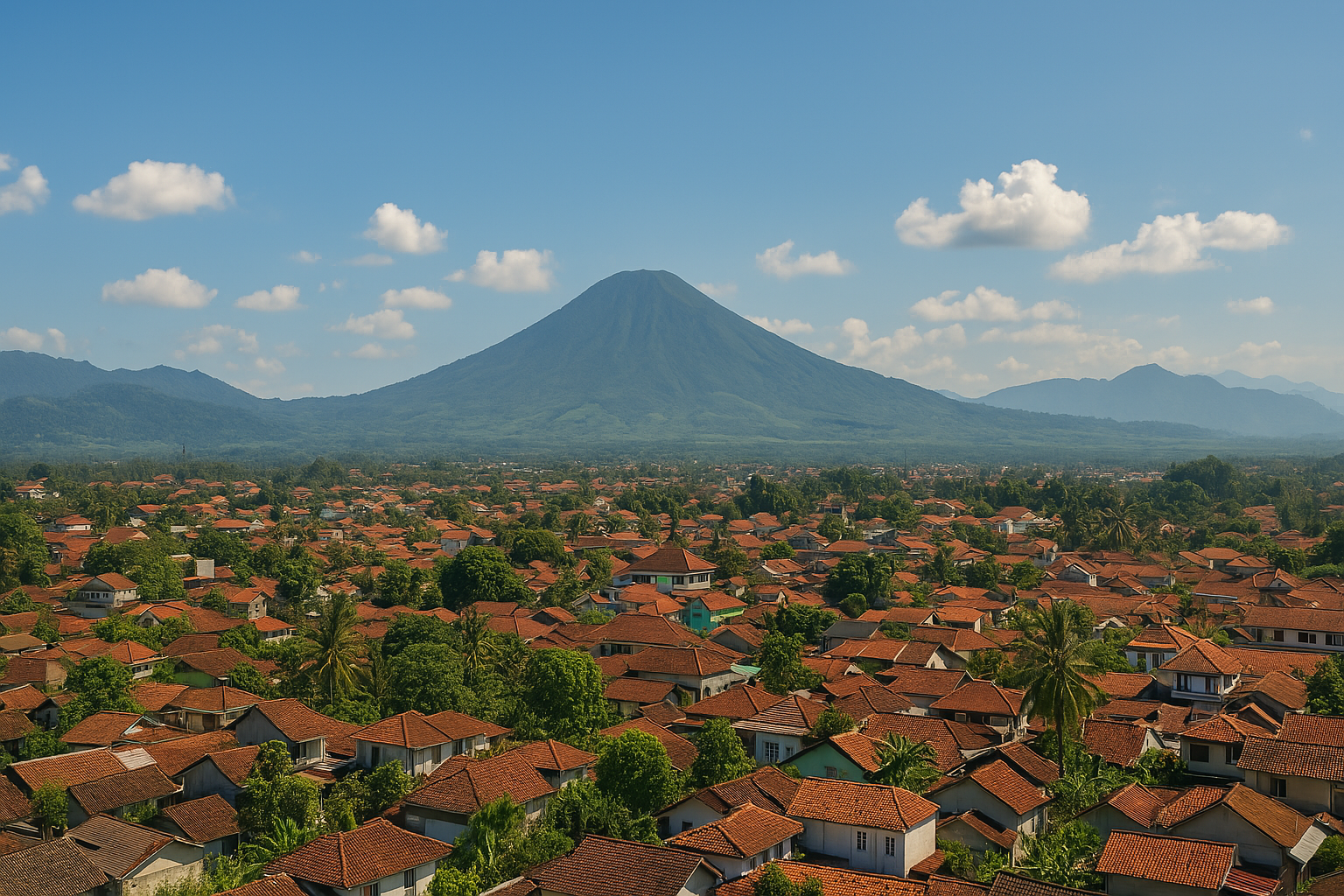 Gambar wilayah animasi perumahan dan gunung.