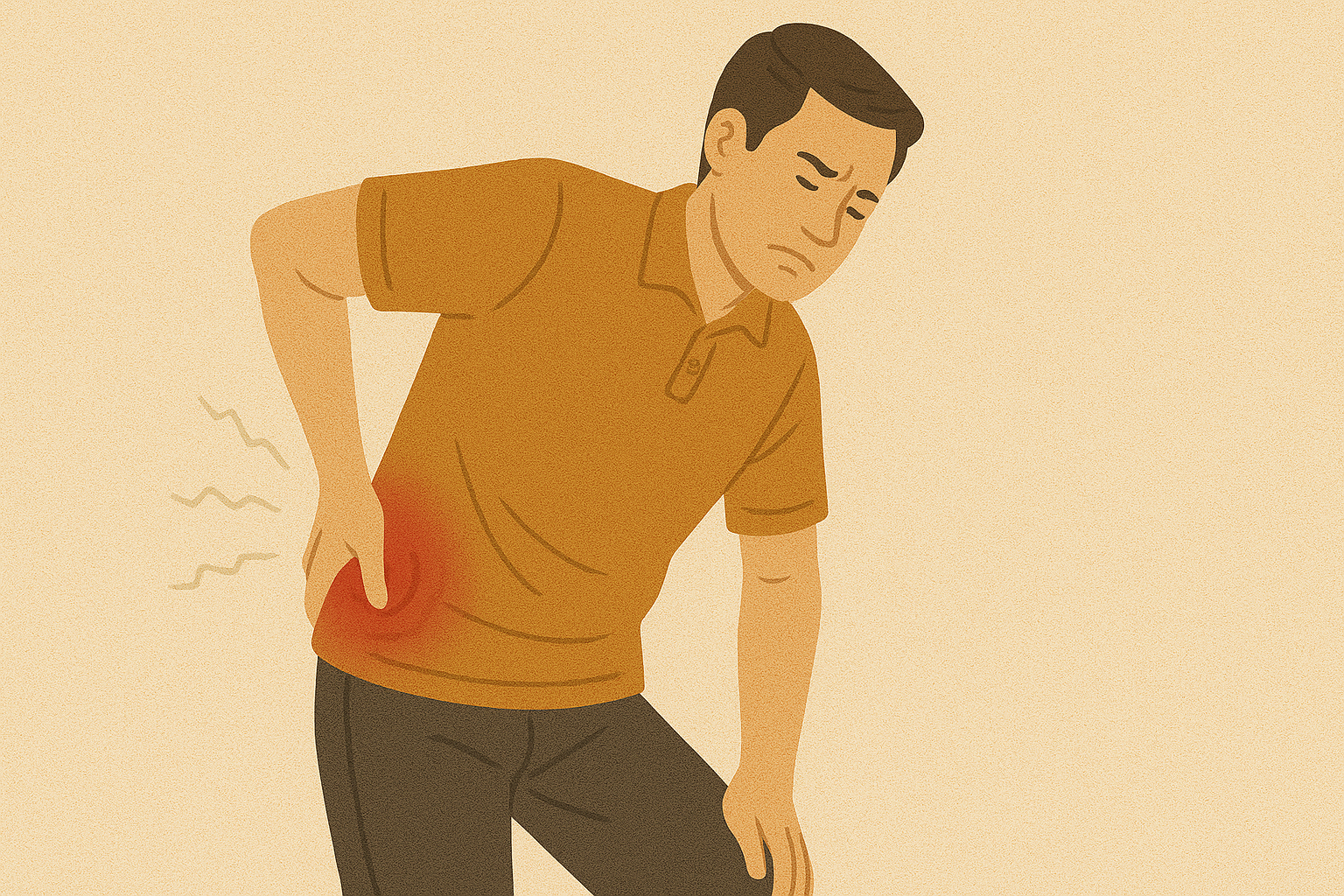Ilustrasi animasi seorang pria yang tampak kesakitan memegang pinggangnya