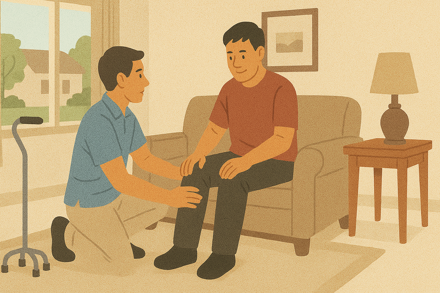 Ilustrasi terapi fisik yang sedang dilakukan oleh fisioterapis kepada seorang pasien