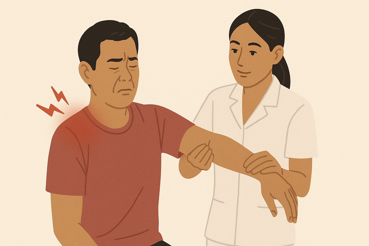 Ilustrasi seorang fisioterapis sedang melakukan terapi fisik kepada pasien dengan penuh konsentrasi