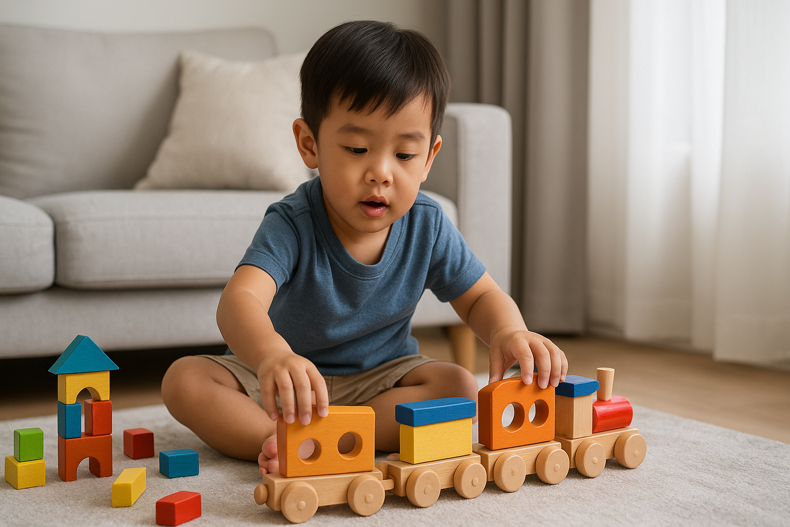 Gambar anak kecil sedang bermain mainan kereta