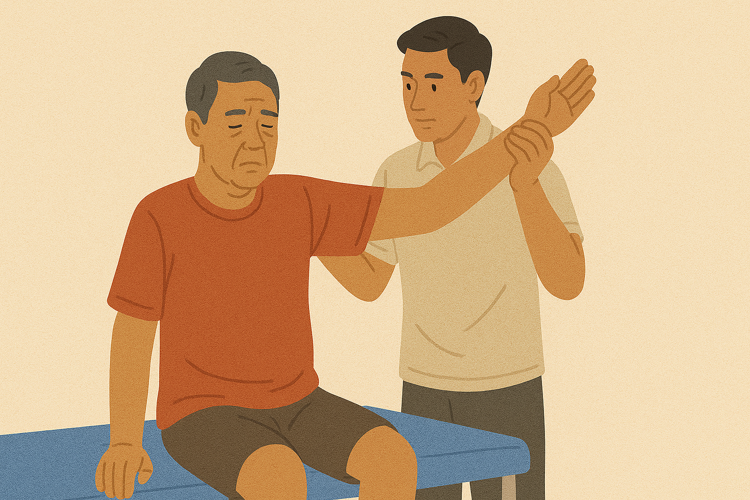 Ilustrasi seorang kakek sedang menjalani sesi fisioterapi bersama terapis.