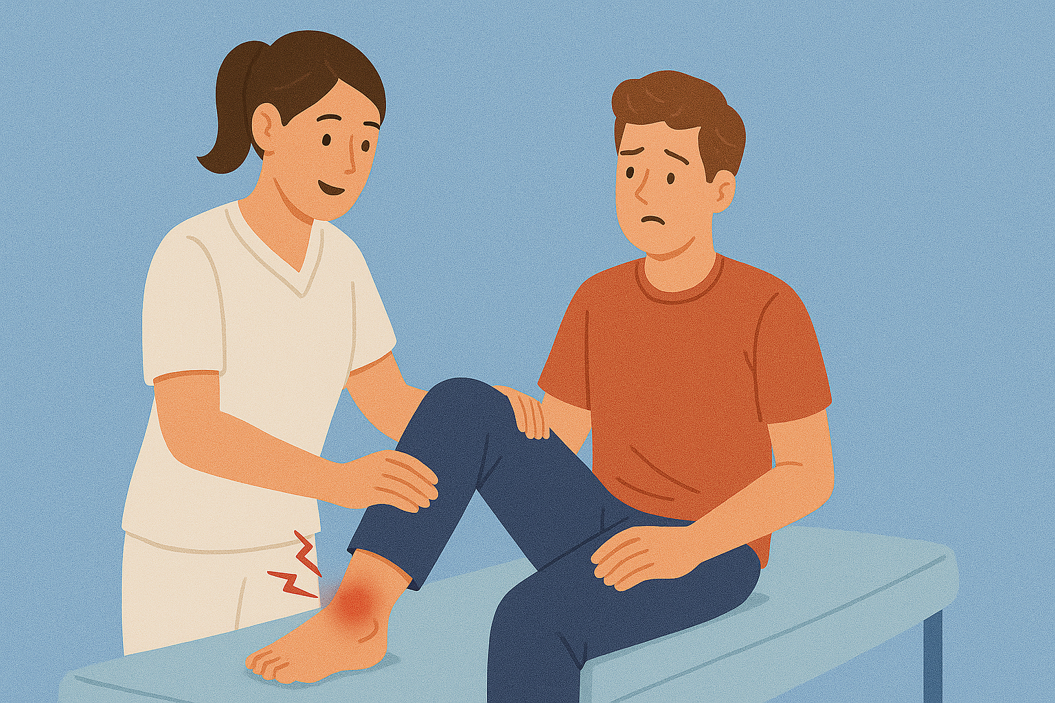 Gambar animasi seorang fisioterapi sedang melakukan pengecekan di bagian kaki.