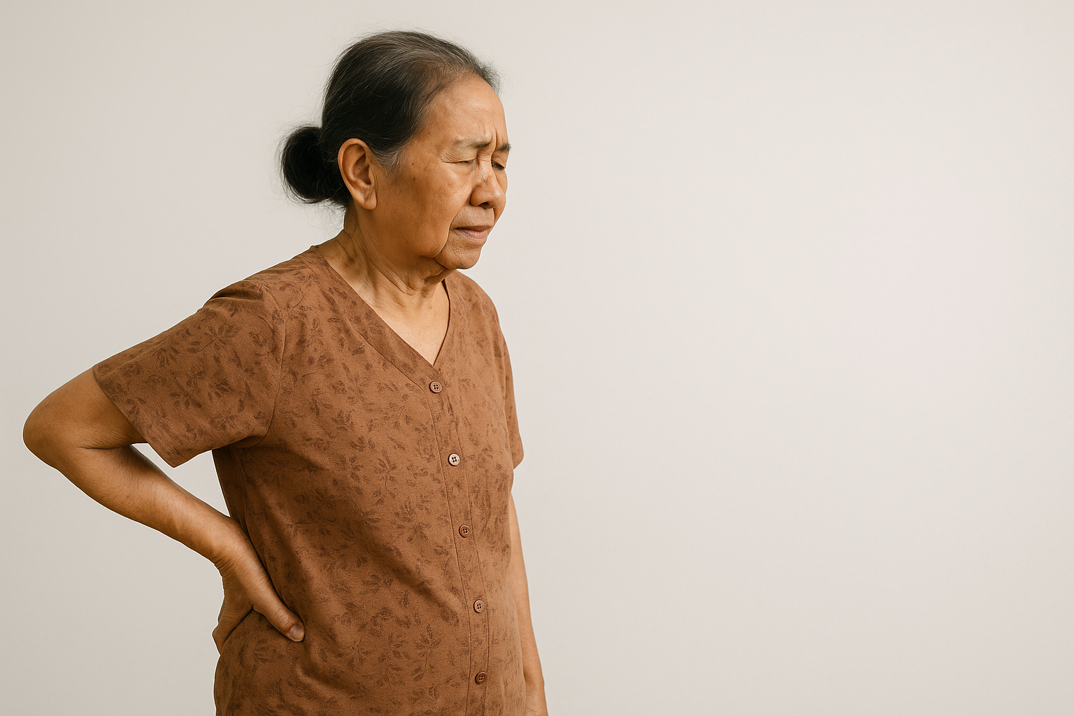 Seorang nenek memegang tubuhnya karena merasakan nyeri fisik