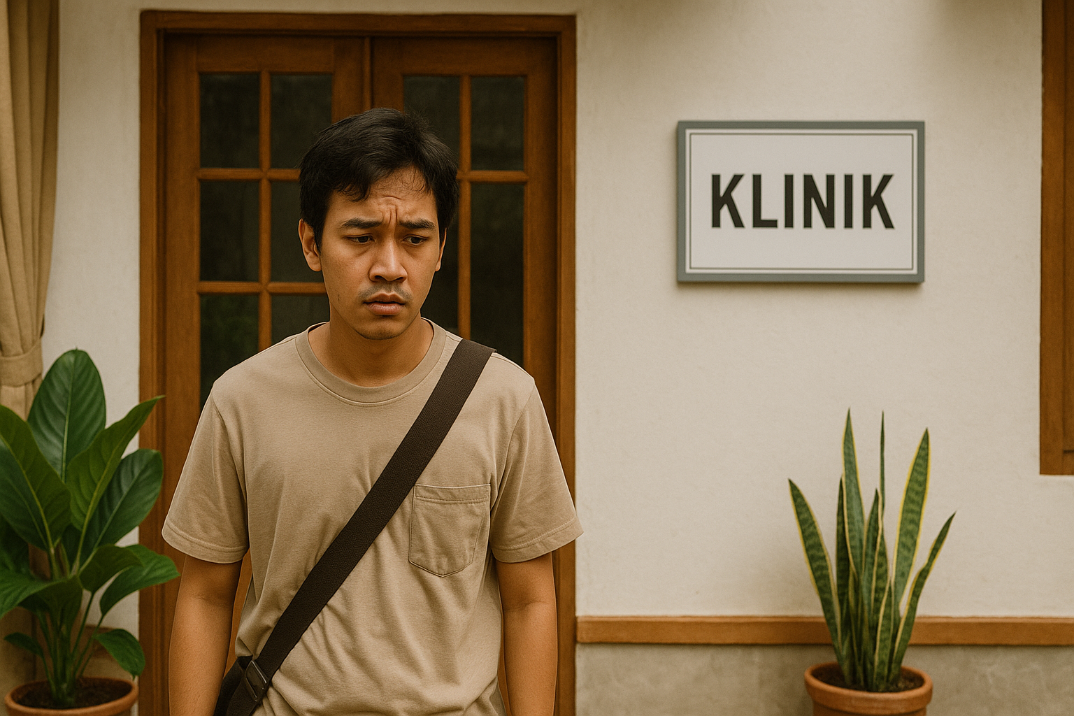 Pria tampak kebingungan dan pusing saat berdiri di depan klinik