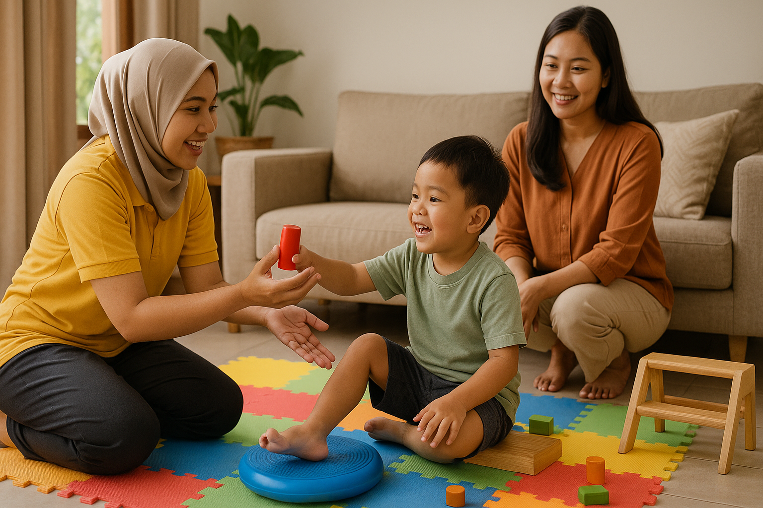 Proses fisioterapi anak di rumah bersama terapis dan ibu yang penuh perhatian