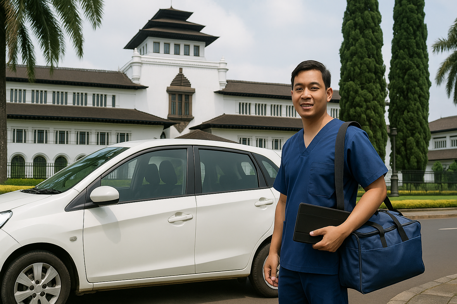 Gambar fisioterapis profesional dengan kendaraan operasional untuk kunjungan pasien
